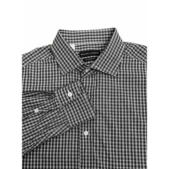 RALPH LAUREN BLACK LABEL Mens Button Up Shirt 16.5 Tailored Fit Black Plaid - Picture 1 of 8